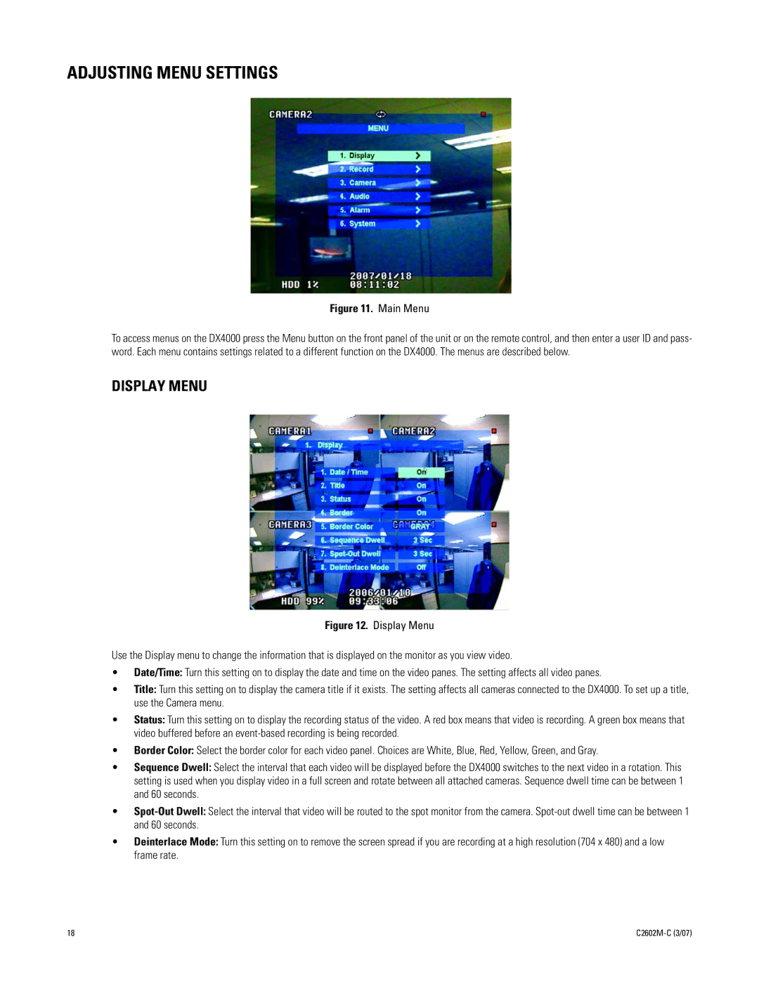 Pelco dx4000 manual Adjusting Menu Settings, Display Menu 