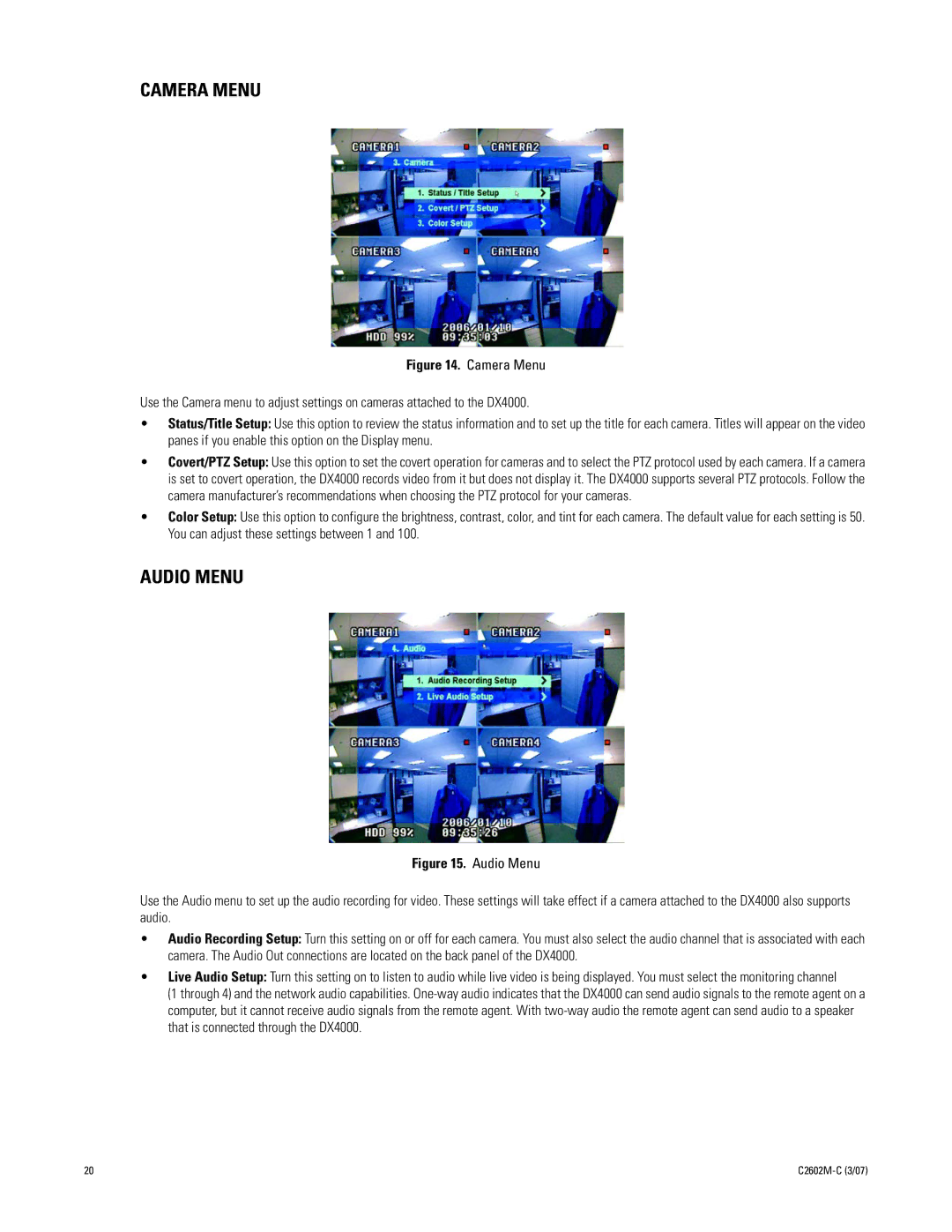 Pelco dx4000 manual Camera Menu, Audio Menu 