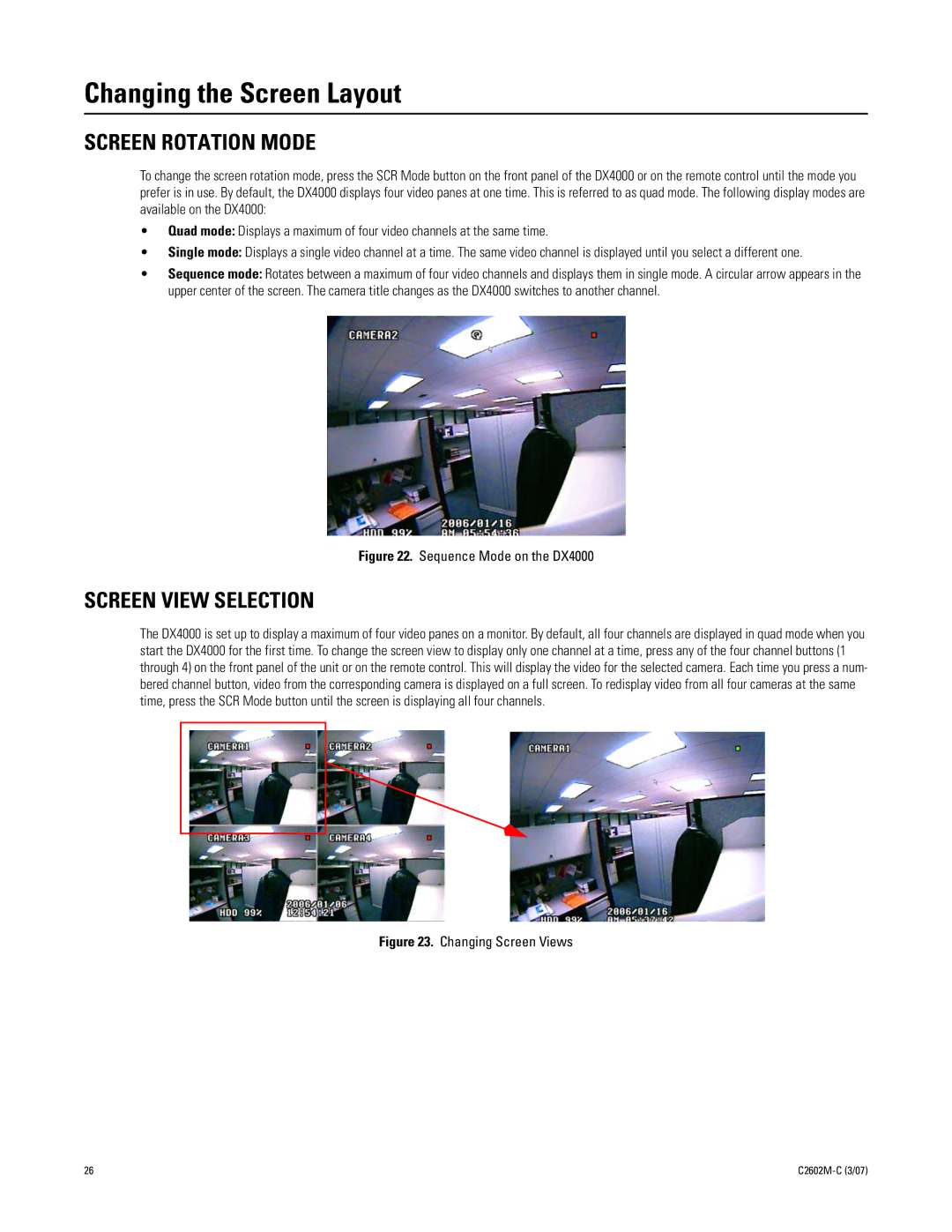 Pelco dx4000 manual Changing the Screen Layout, Screen Rotation Mode, Screen View Selection 