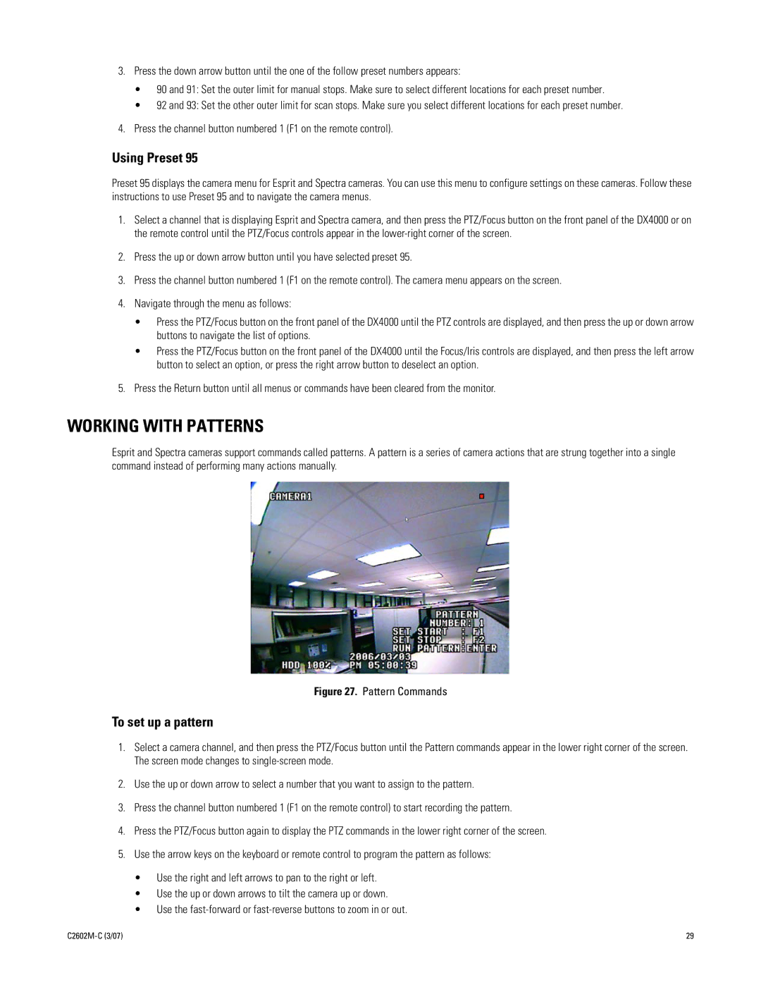 Pelco dx4000 manual Working with Patterns, Using Preset, To set up a pattern 