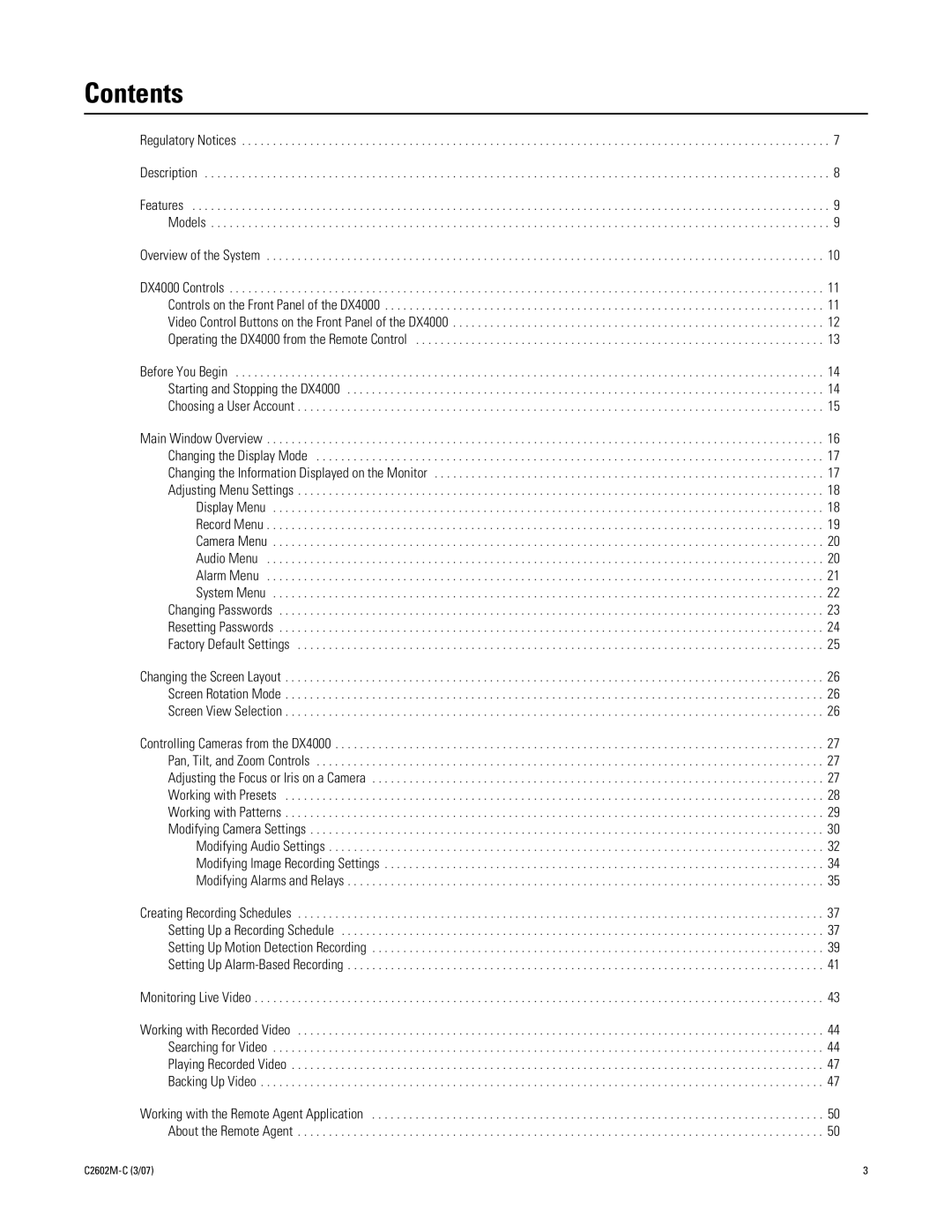 Pelco dx4000 manual Contents 