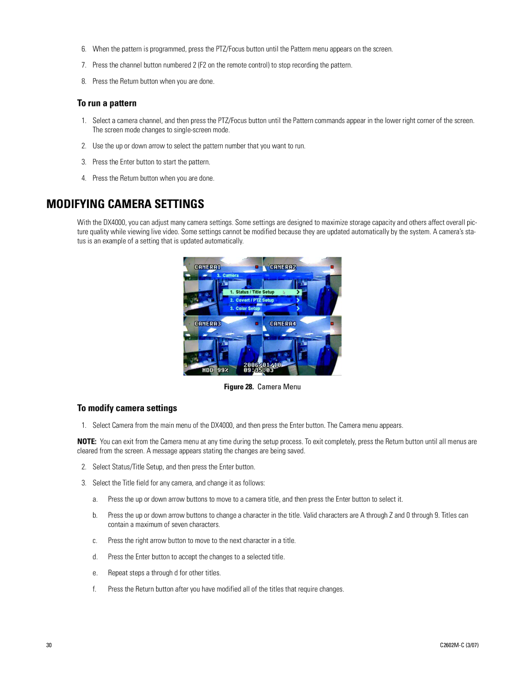 Pelco dx4000 manual Modifying Camera Settings, To run a pattern, To modify camera settings 