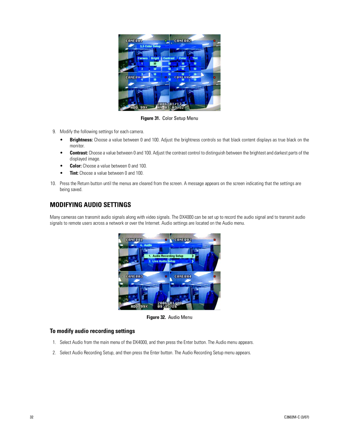 Pelco dx4000 manual Modifying Audio Settings, To modify audio recording settings 