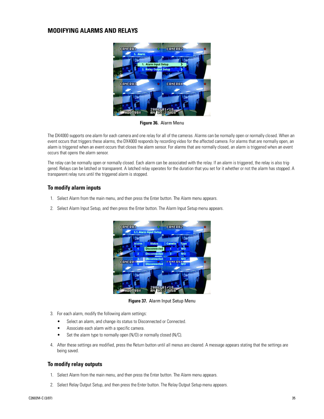 Pelco dx4000 manual Modifying Alarms and Relays, To modify alarm inputs, To modify relay outputs 