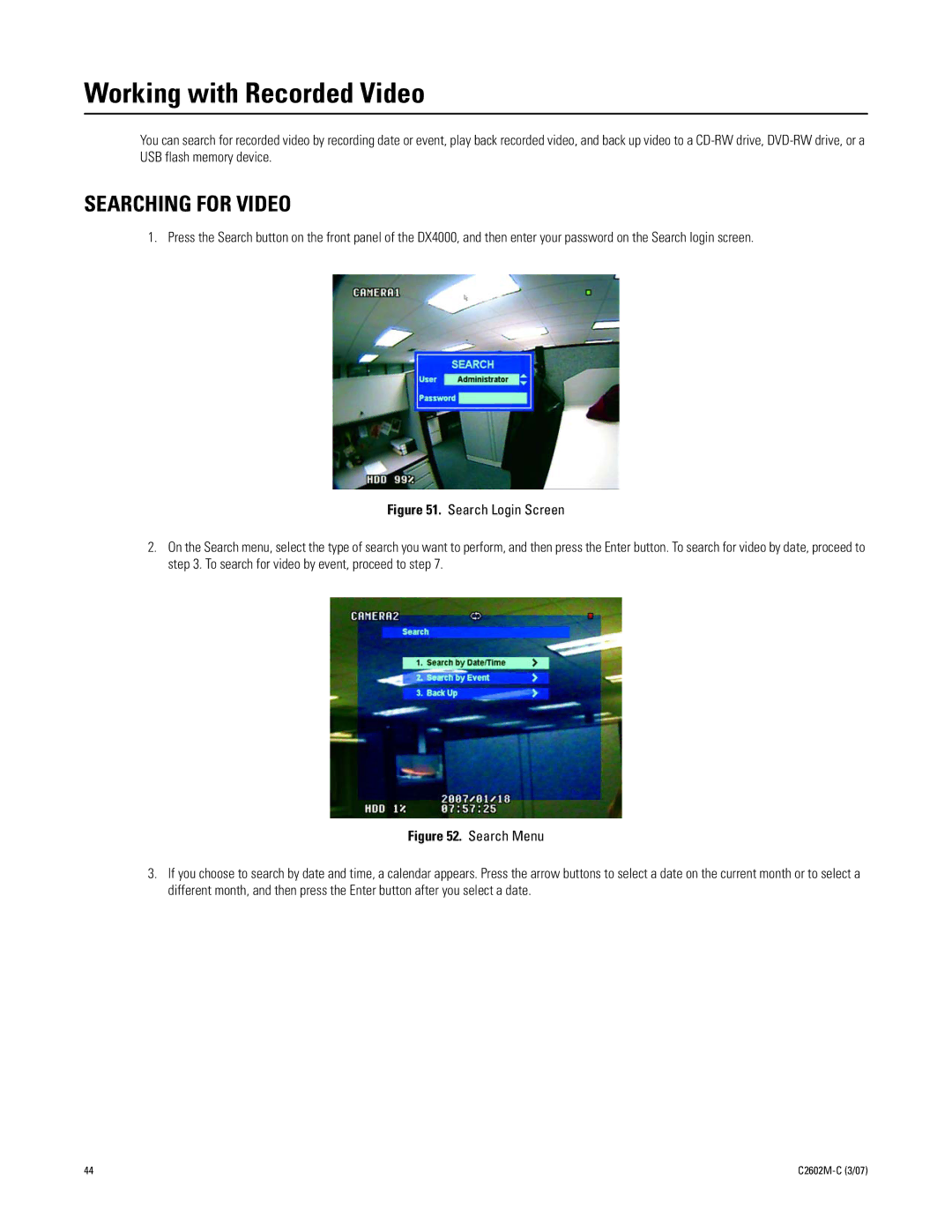 Pelco dx4000 manual Working with Recorded Video, Searching for Video 