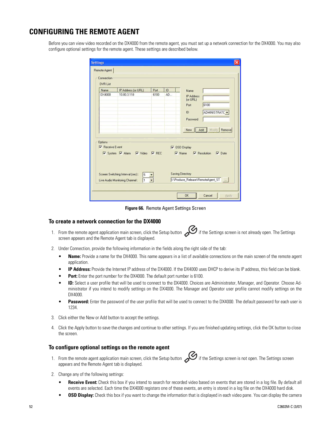 Pelco dx4000 manual Configuring the Remote Agent, To create a network connection for the DX4000 