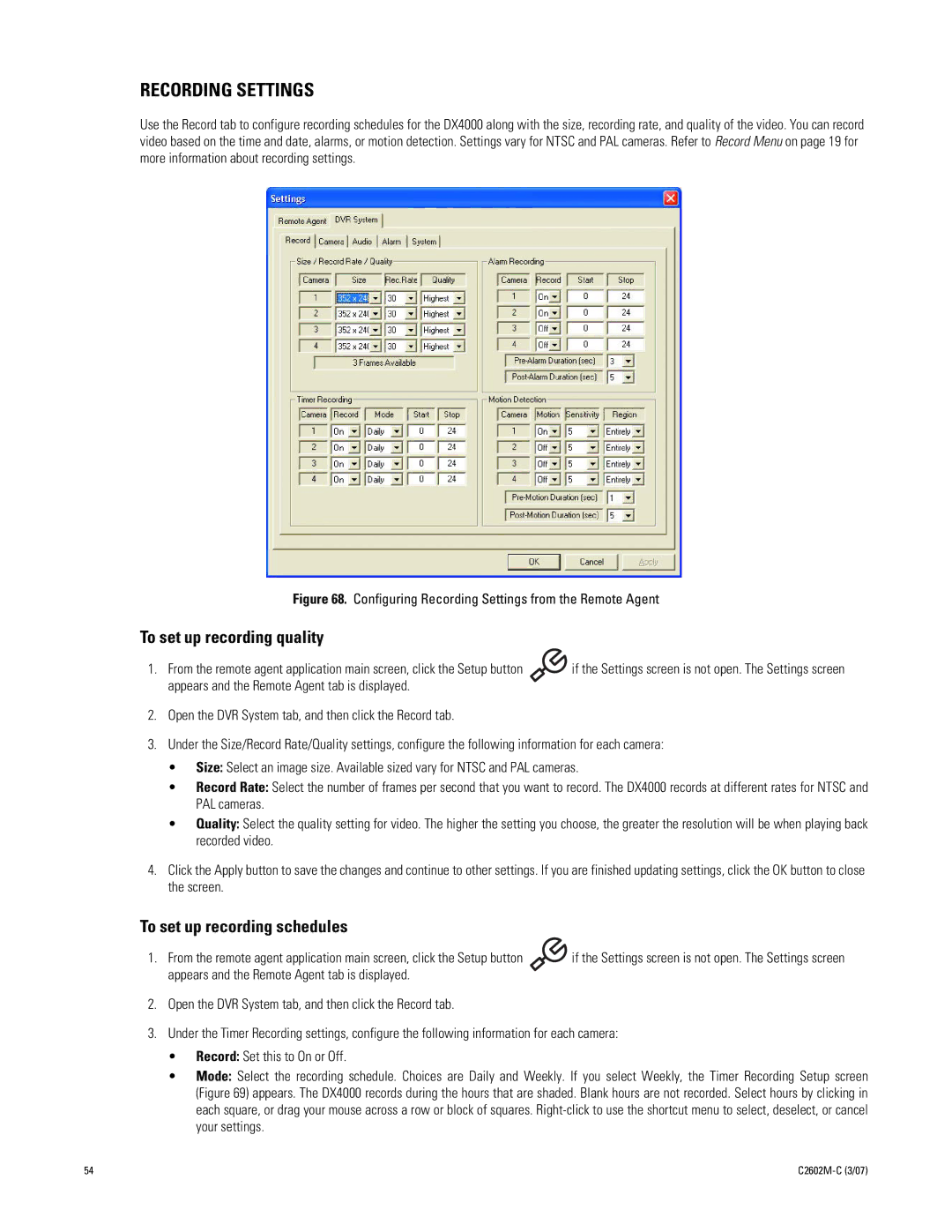 Pelco dx4000 manual Recording Settings, To set up recording quality, To set up recording schedules 