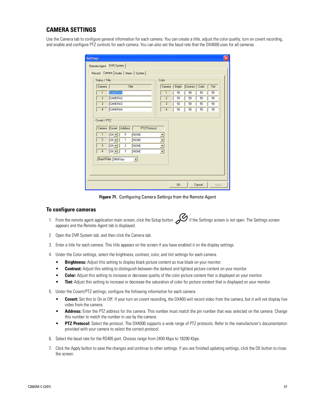 Pelco dx4000 manual Camera Settings, To configure cameras 
