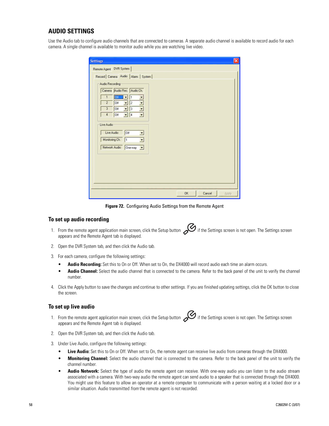 Pelco dx4000 manual Audio Settings, To set up audio recording, To set up live audio 