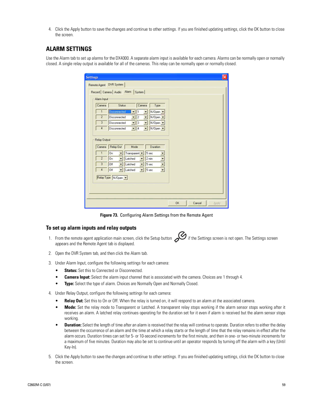 Pelco dx4000 manual Alarm Settings, To set up alarm inputs and relay outputs 