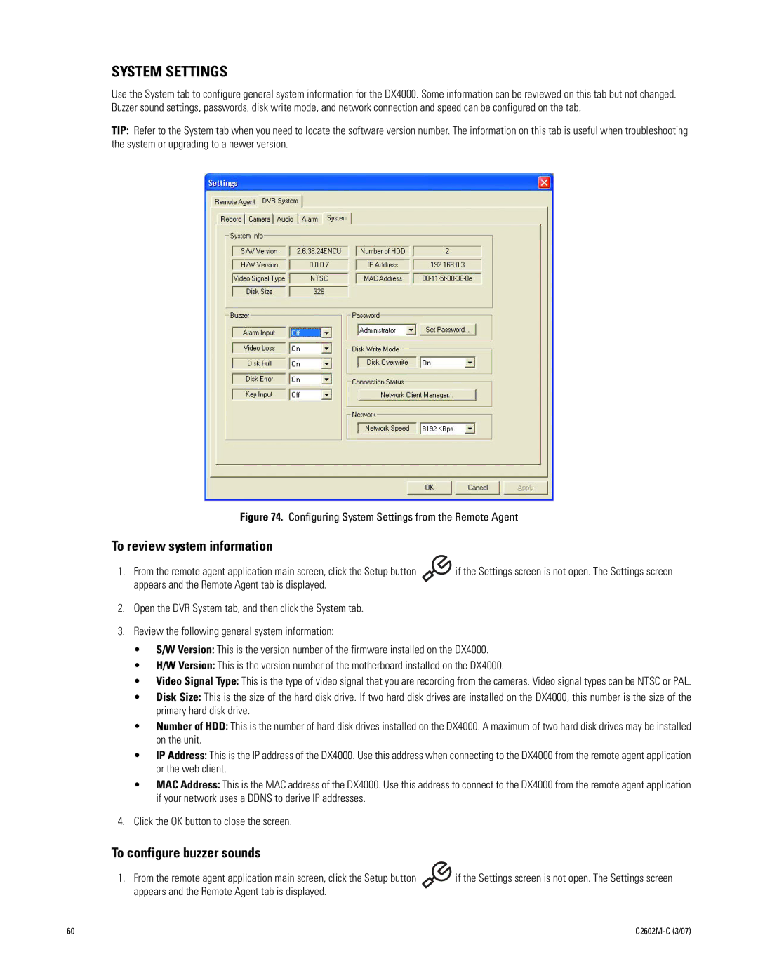 Pelco dx4000 manual System Settings, To review system information, To configure buzzer sounds 