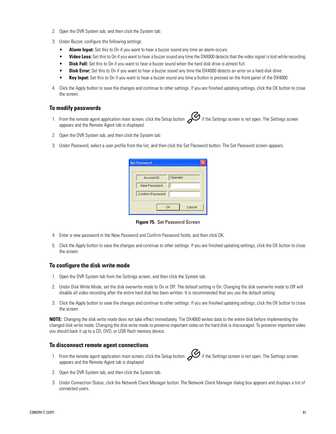 Pelco dx4000 manual To modify passwords, To configure the disk write mode, To disconnect remote agent connections 