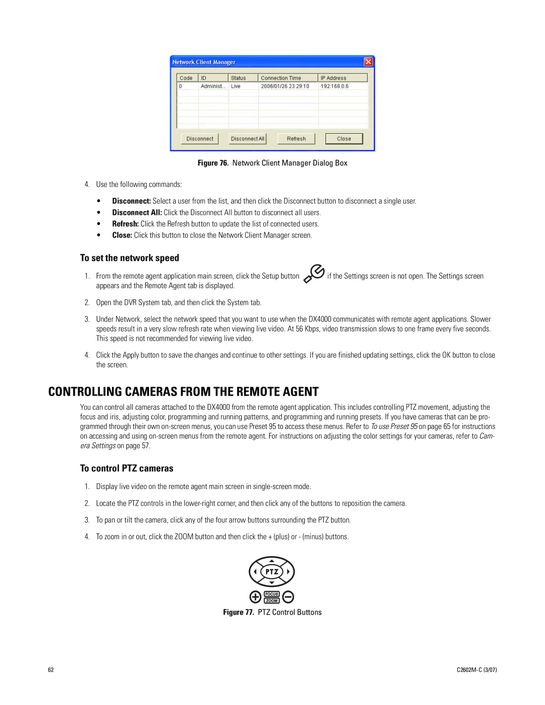 Pelco dx4000 manual Controlling Cameras from the Remote Agent, To set the network speed, To control PTZ cameras 