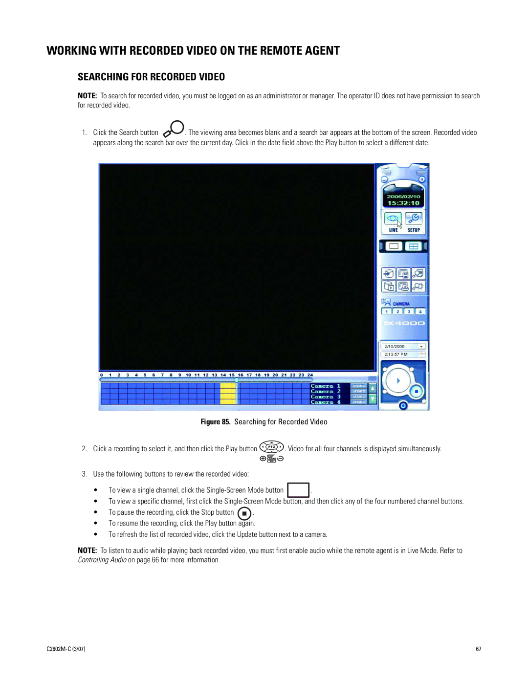 Pelco dx4000 manual Working with Recorded Video on the Remote Agent, Searching for Recorded Video 