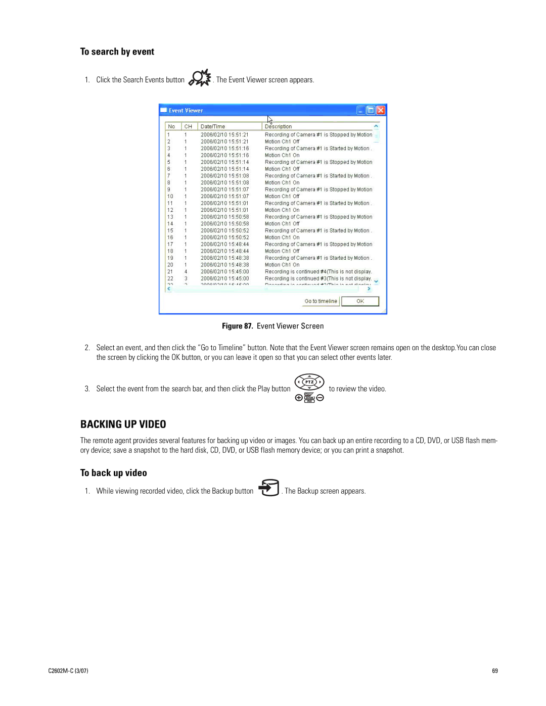 Pelco dx4000 manual Backing UP Video, To search by event, Click the Search Events button 