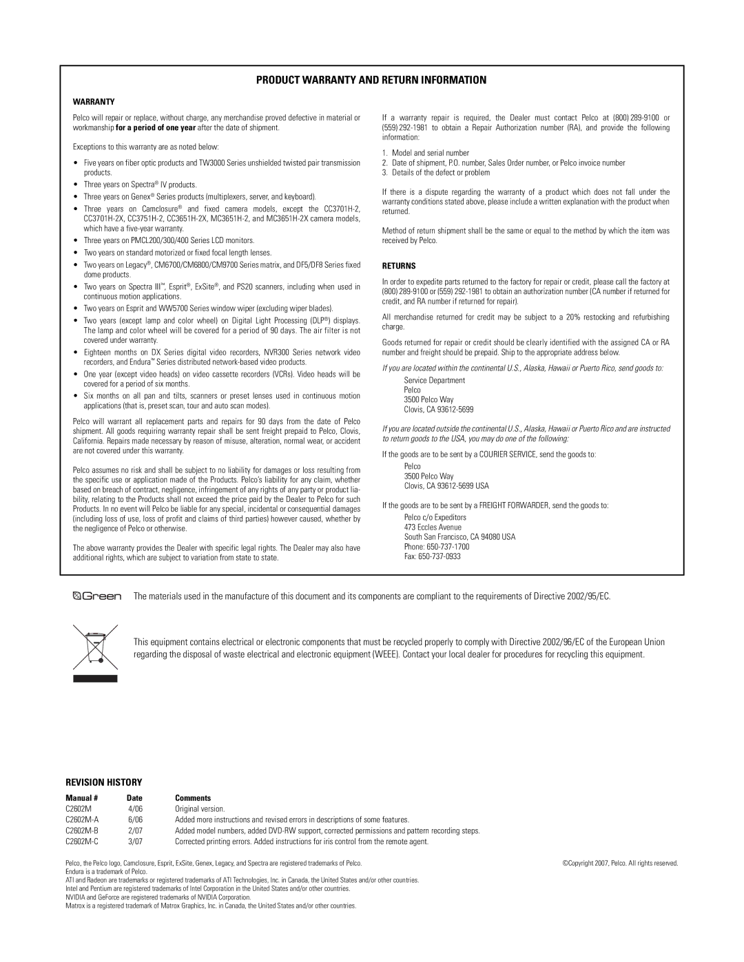 Pelco dx4000 manual Product Warranty and Return Information 