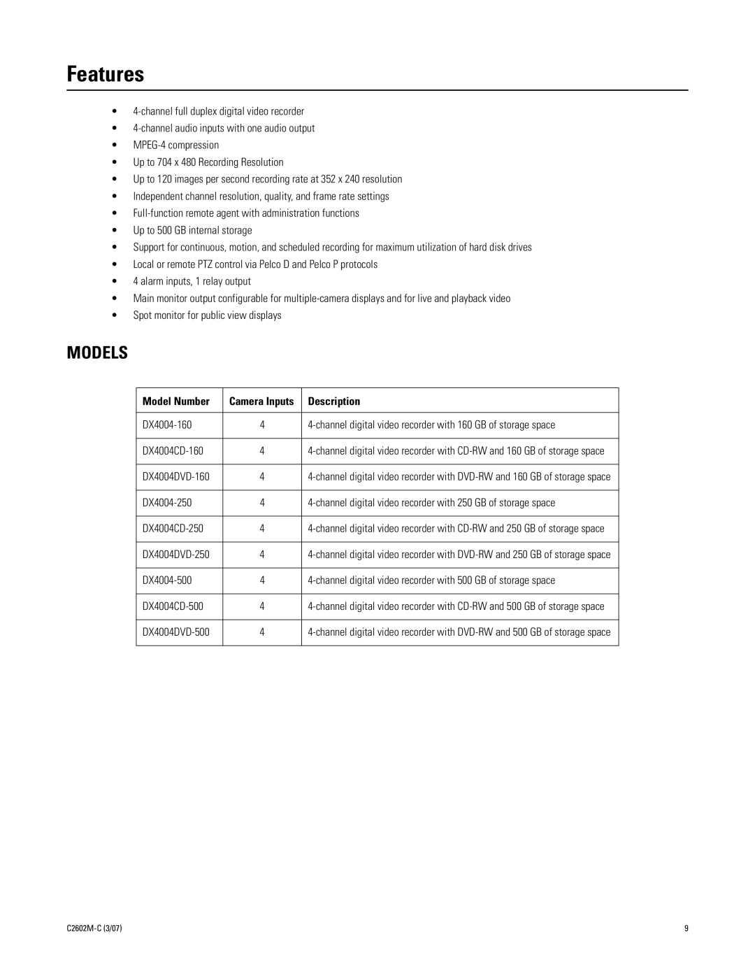 Pelco dx4000 manual Features, Models 