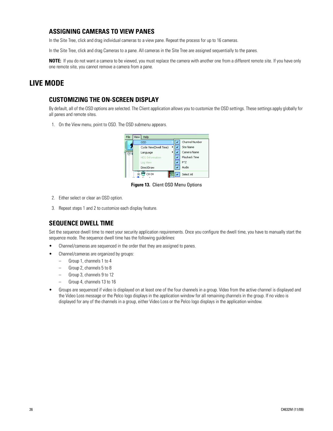 Pelco DX4104 Series Live Mode, Assigning Cameras to View Panes, Customizing the ON-SCREEN Display, Sequence Dwell Time 