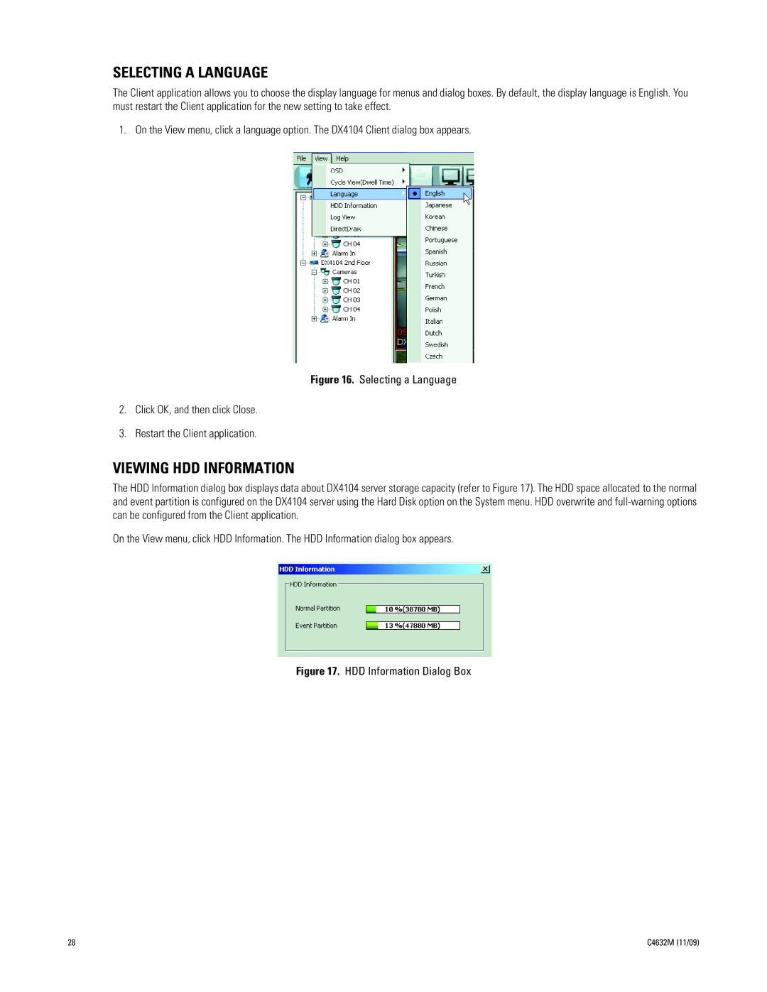 Pelco DX4104 Series manual Selecting a Language, Viewing HDD Information 