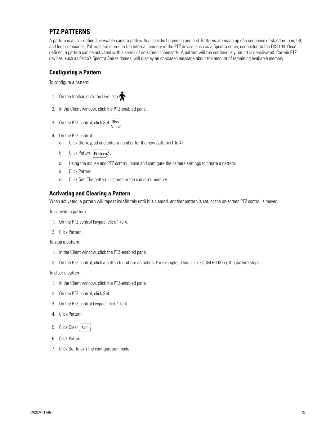 Pelco DX4104 Series manual PTZ Patterns, Configuring a Pattern, Activating and Clearing a Pattern 