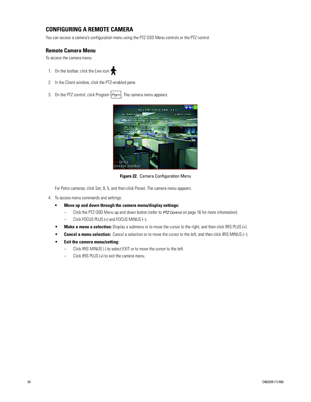 Pelco DX4104 Series manual Configuring a Remote Camera, Remote Camera Menu, Exit the camera menu/setting 