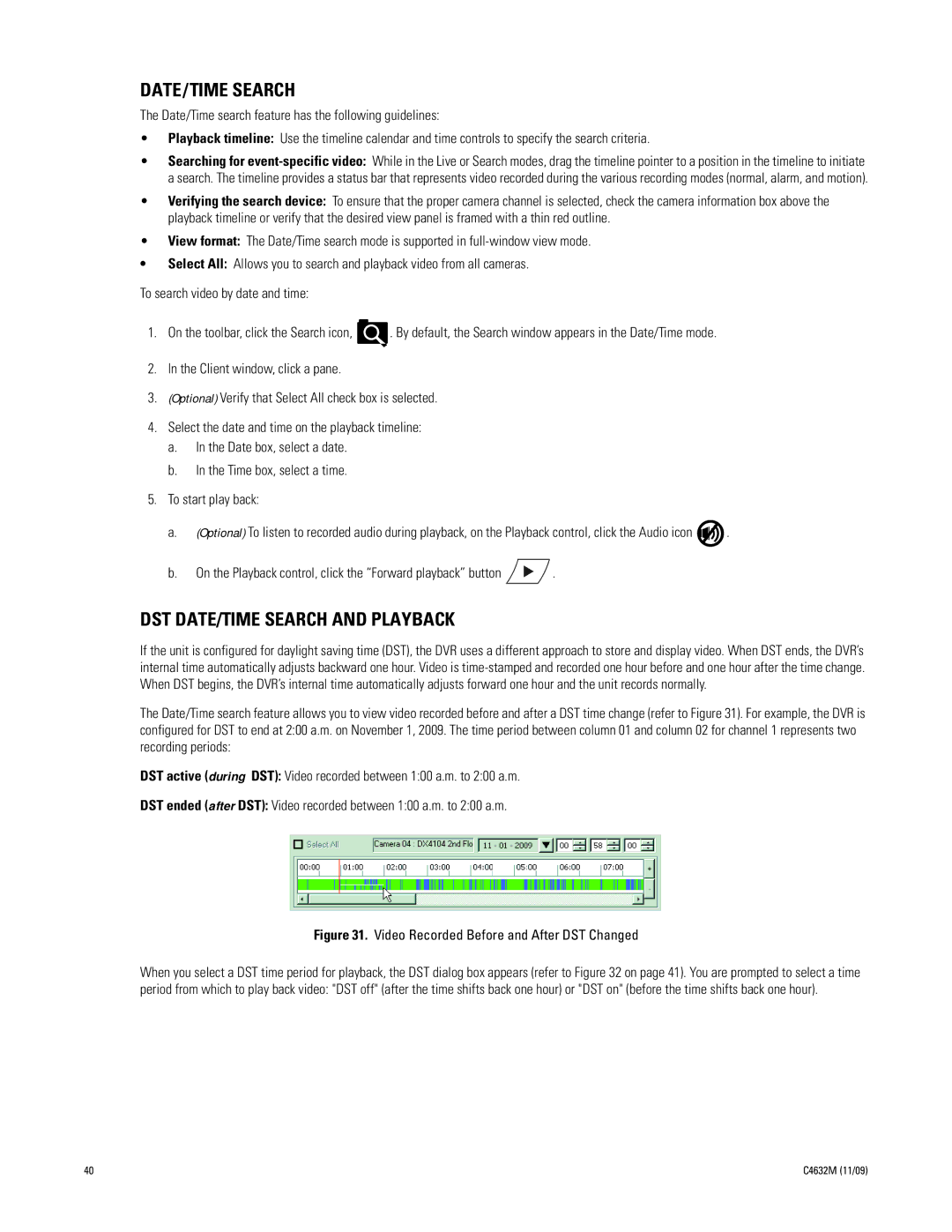 Pelco DX4104 Series manual DST DATE/TIME Search and Playback 