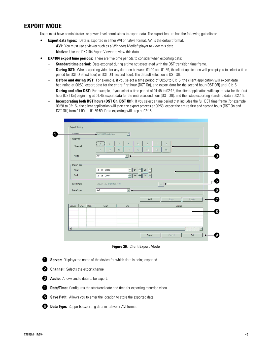 Pelco DX4104 Series manual Export Mode 