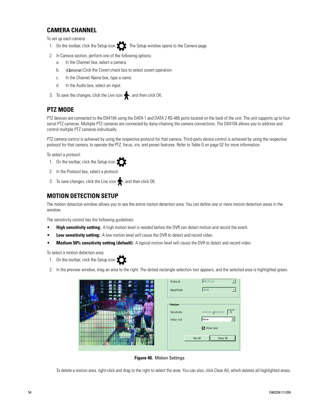 Pelco DX4104 Series manual Camera Channel, PTZ Mode, Motion Detection Setup 