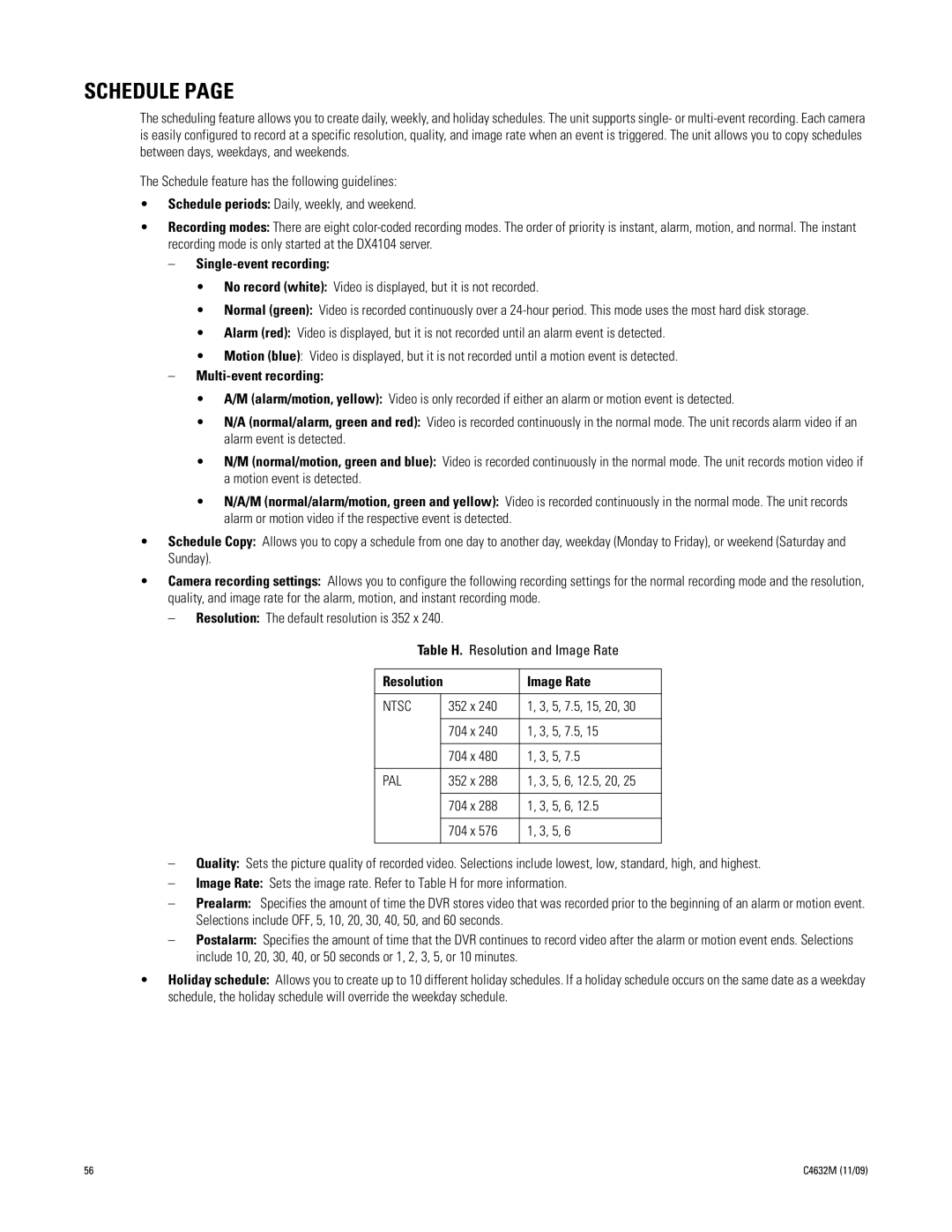 Pelco DX4104 Series manual Schedule, Single-event recording, Multi-event recording, Image Rate 
