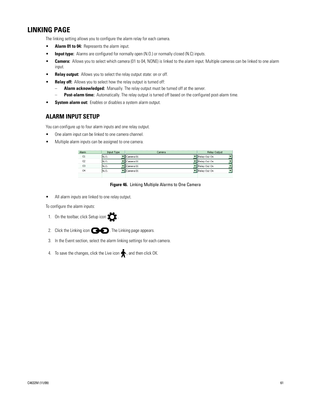 Pelco DX4104 Series manual Linking, Alarm Input Setup 