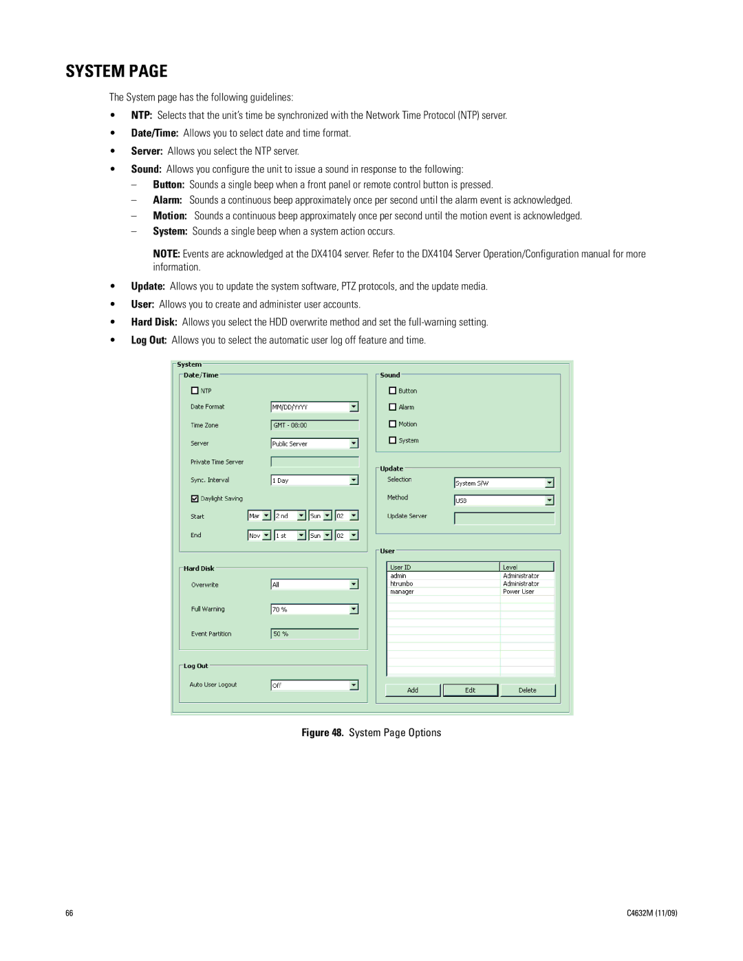 Pelco DX4104 Series manual System Page Options 