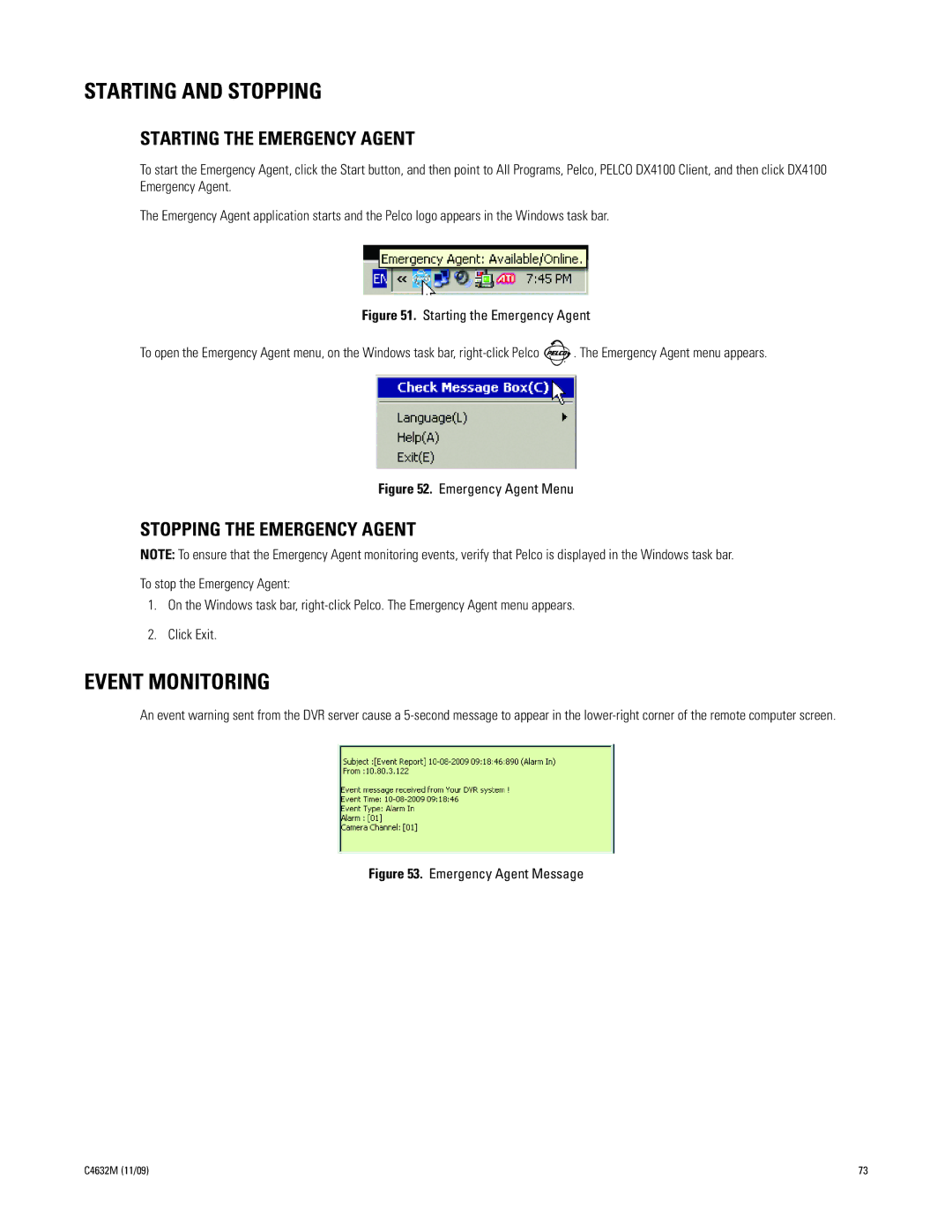 Pelco DX4104 Series Starting and Stopping, Event Monitoring, Starting the Emergency Agent, Stopping the Emergency Agent 