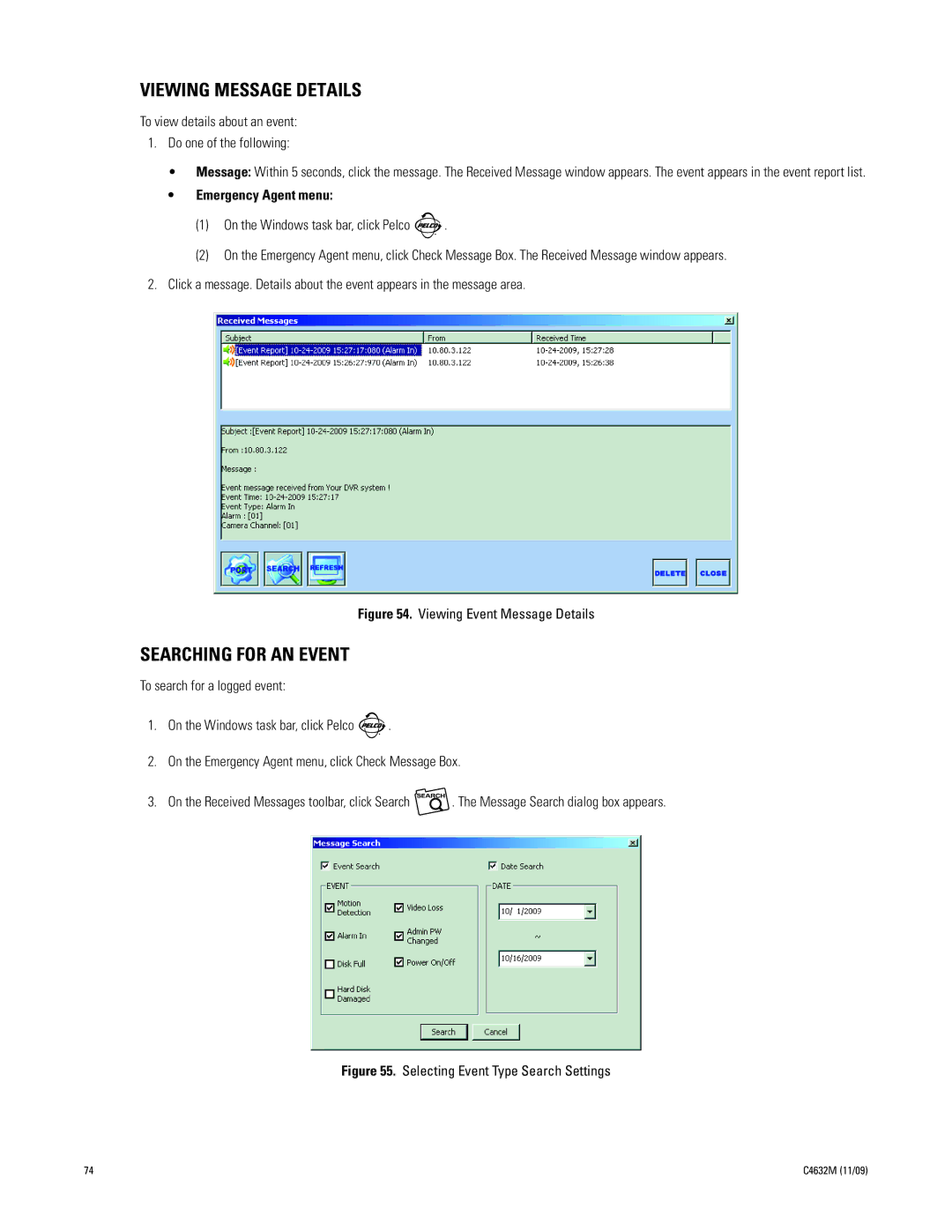 Pelco DX4104 Series manual Viewing Message Details, Searching for AN Event, Emergency Agent menu 