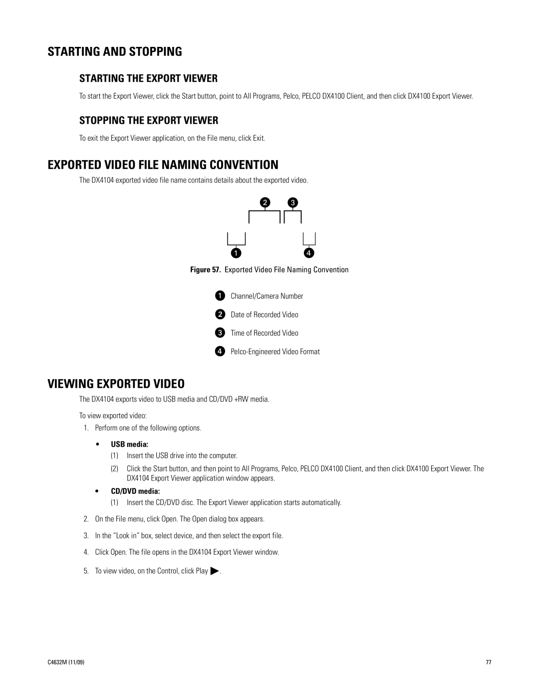 Pelco DX4104 Series manual Exported Video File Naming Convention, Viewing Exported Video, Starting the Export Viewer 