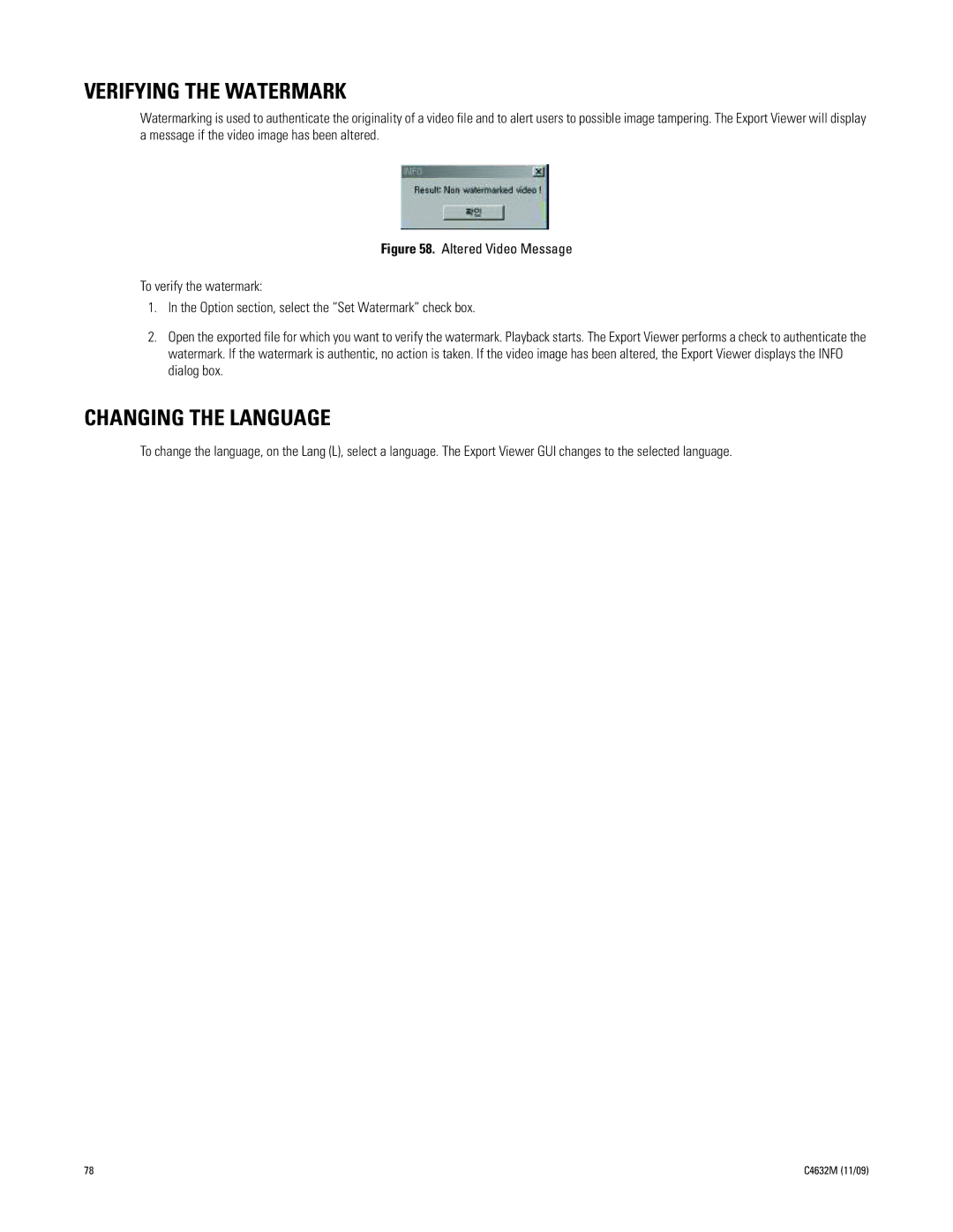 Pelco DX4104 Series manual Verifying the Watermark, Changing the Language 