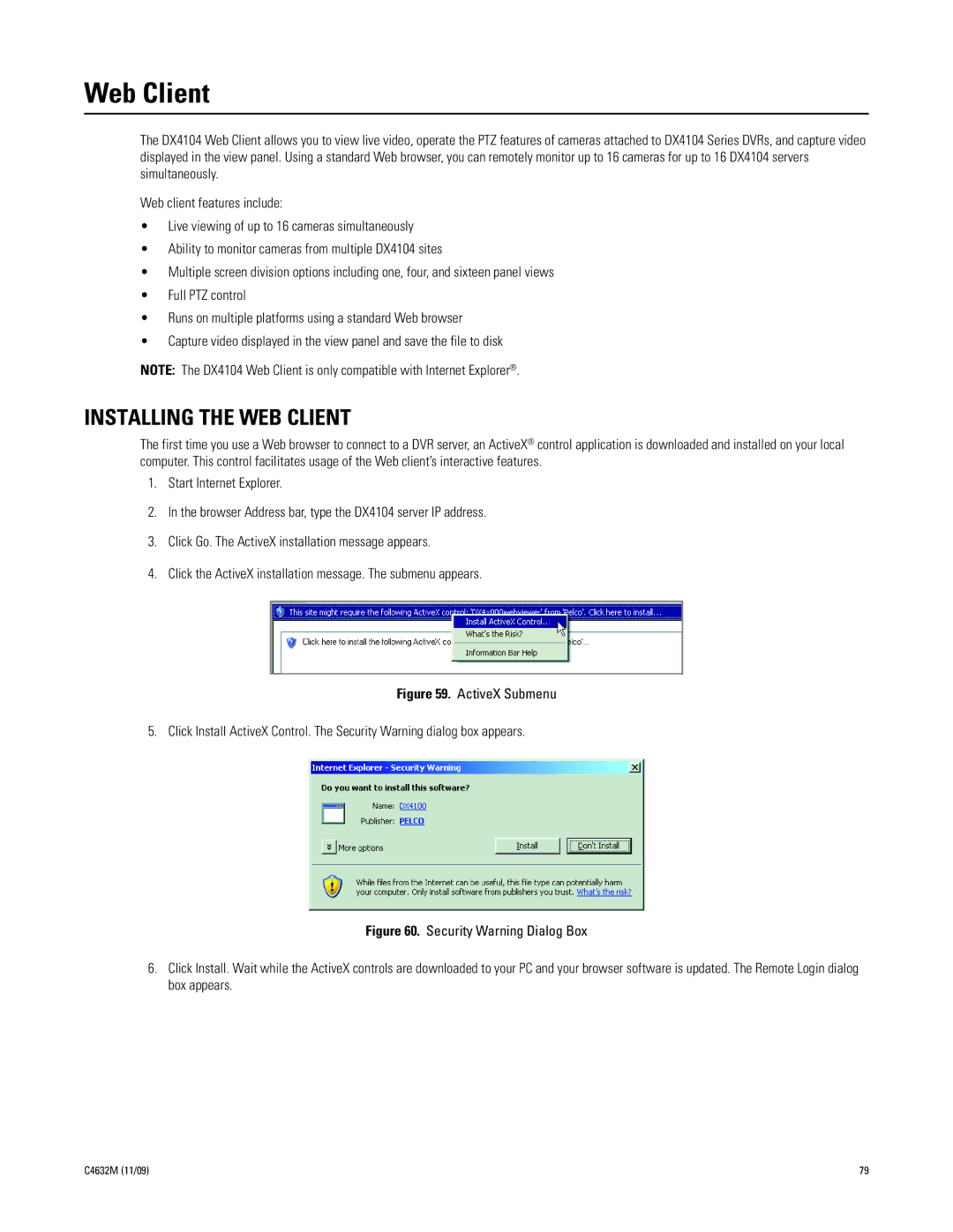 Pelco DX4104 Series manual Web Client, Installing the WEB Client 