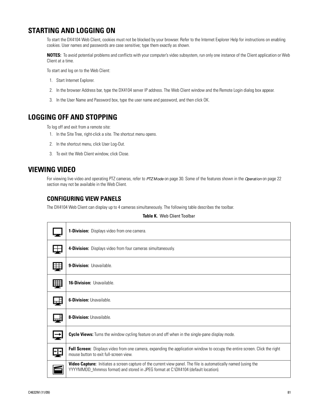 Pelco DX4104 Series manual Starting and Logging on, Logging OFF and Stopping, Viewing Video, Configuring View Panels 