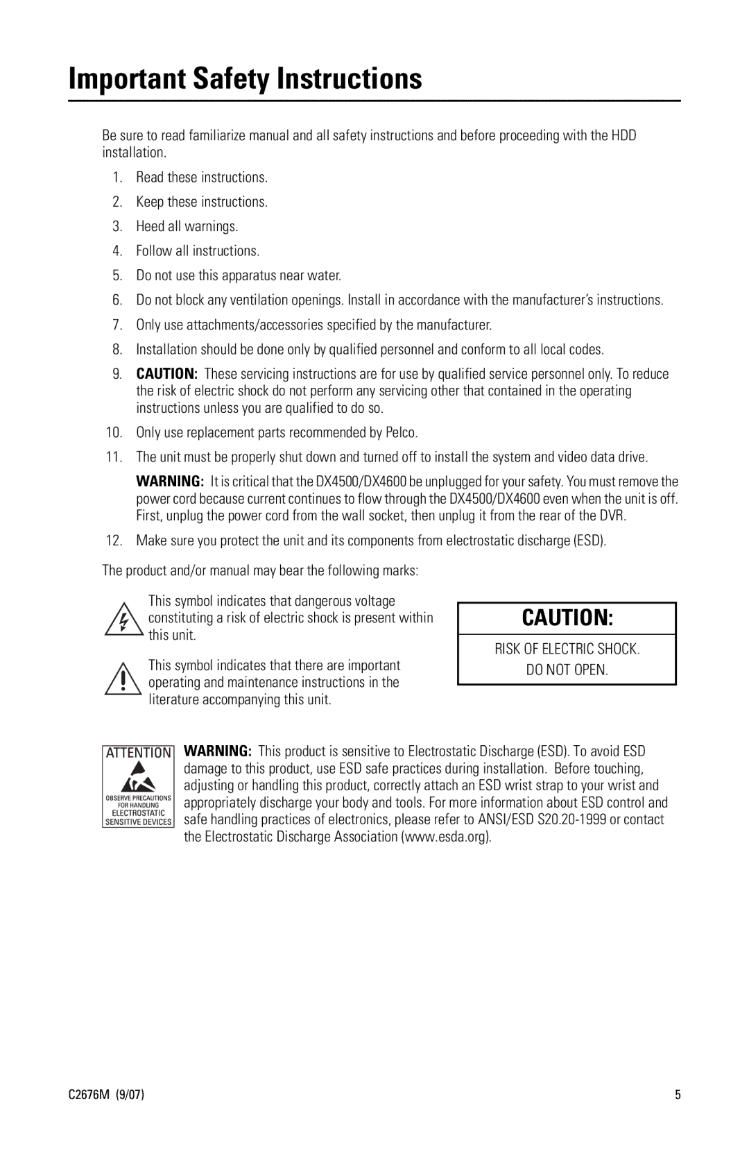 Pelco DX4500 installation instructions Important Safety Instructions 