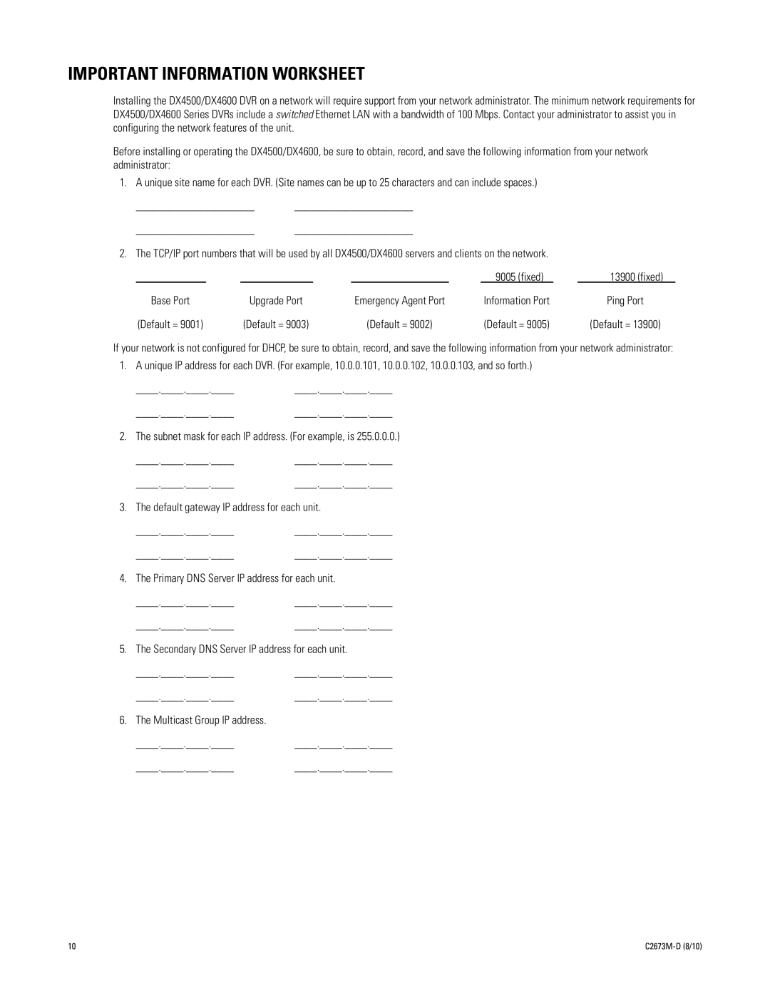 Pelco DX4600, DX4500 manual Important Information Worksheet 