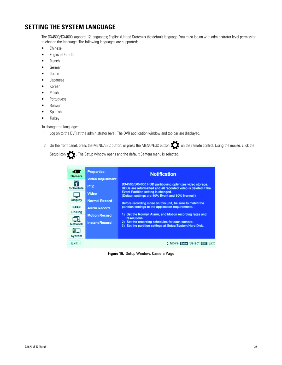 Pelco DX4500, DX4600 manual Setting the System Language, Setup Window Camera 