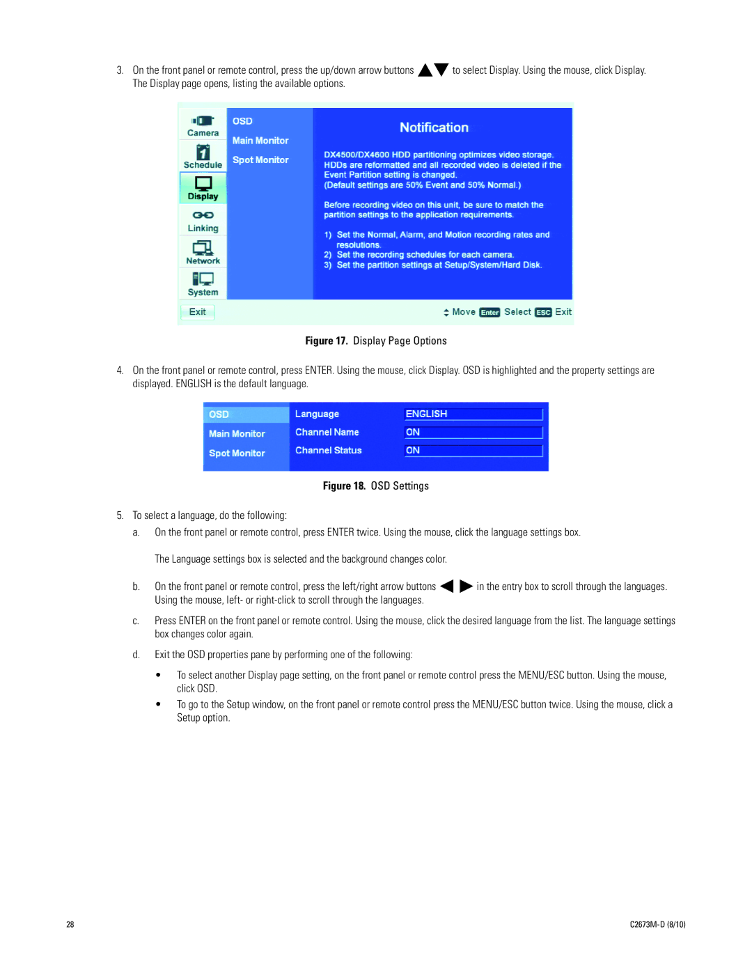 Pelco DX4600, DX4500 manual OSD Settings To select a language, do the following 