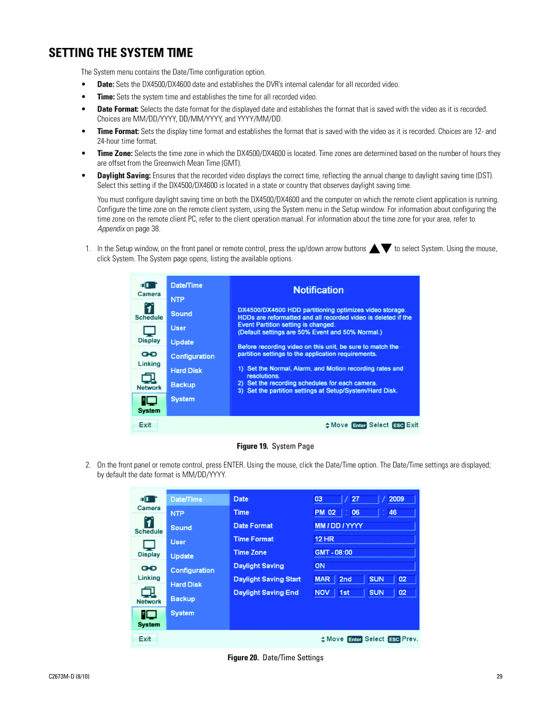Pelco DX4500, DX4600 manual Setting the System Time 