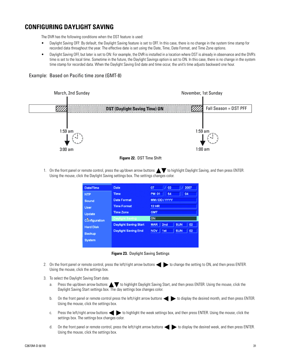 Pelco DX4500, DX4600 manual Configuring Daylight Saving, DST Time Shift 