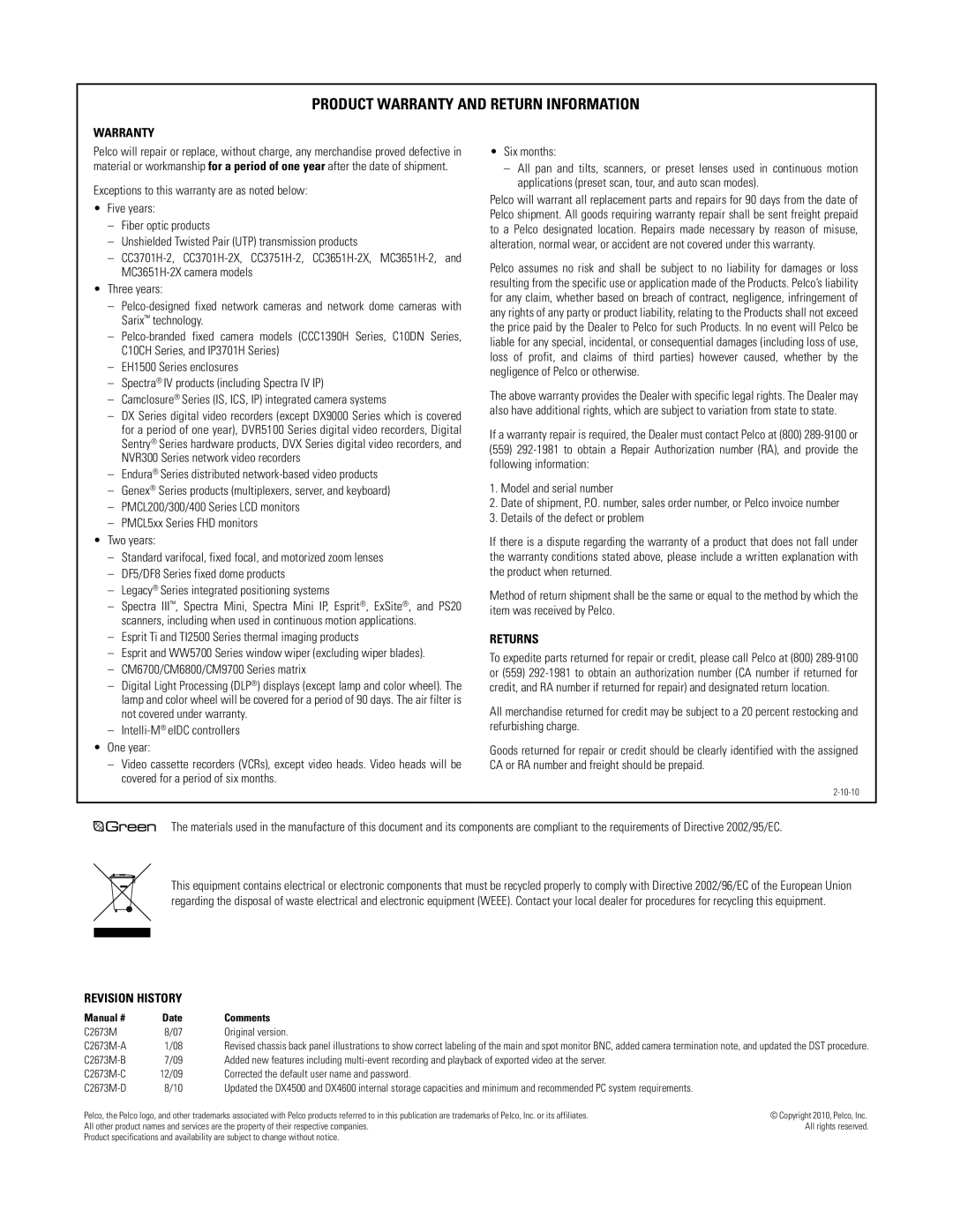 Pelco DX4500, DX4600 manual Product Warranty and Return Information 