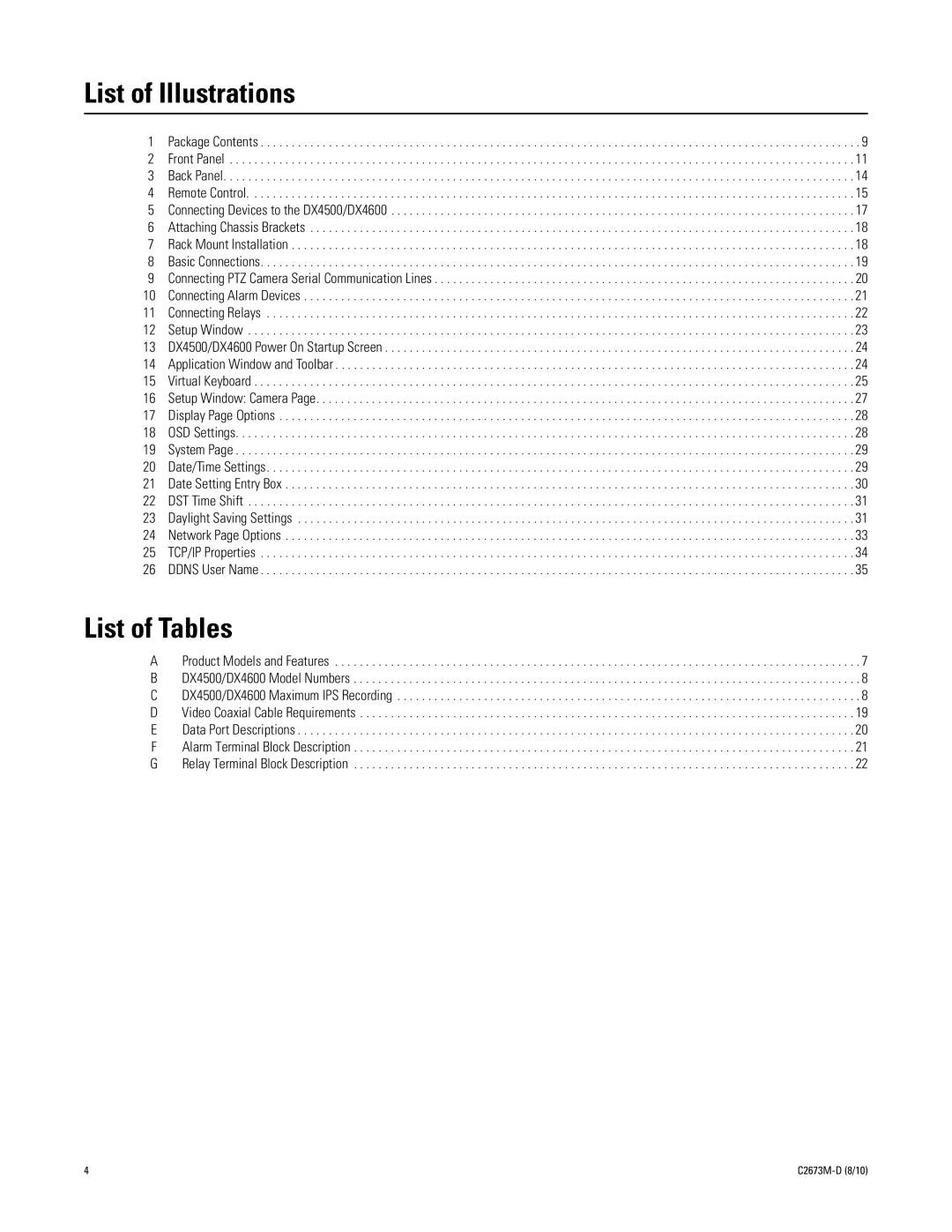 Pelco DX4600, DX4500 manual List of Illustrations, List of Tables 