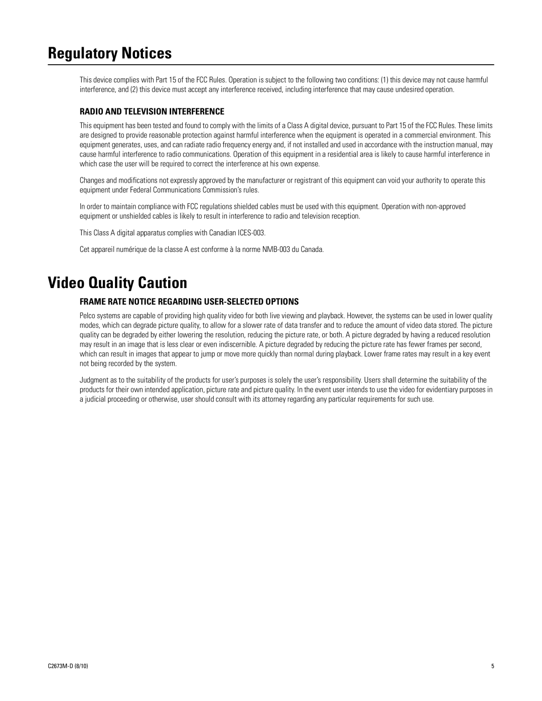 Pelco DX4500, DX4600 manual Regulatory Notices, Video Quality Caution 