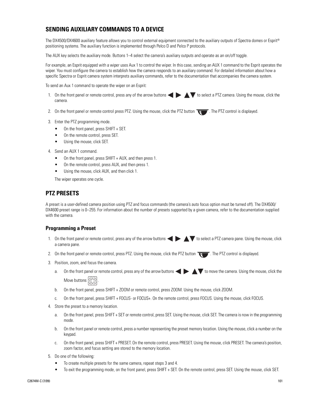 Pelco DX4600 manual Sending Auxiliary Commands to a Device, PTZ Presets 