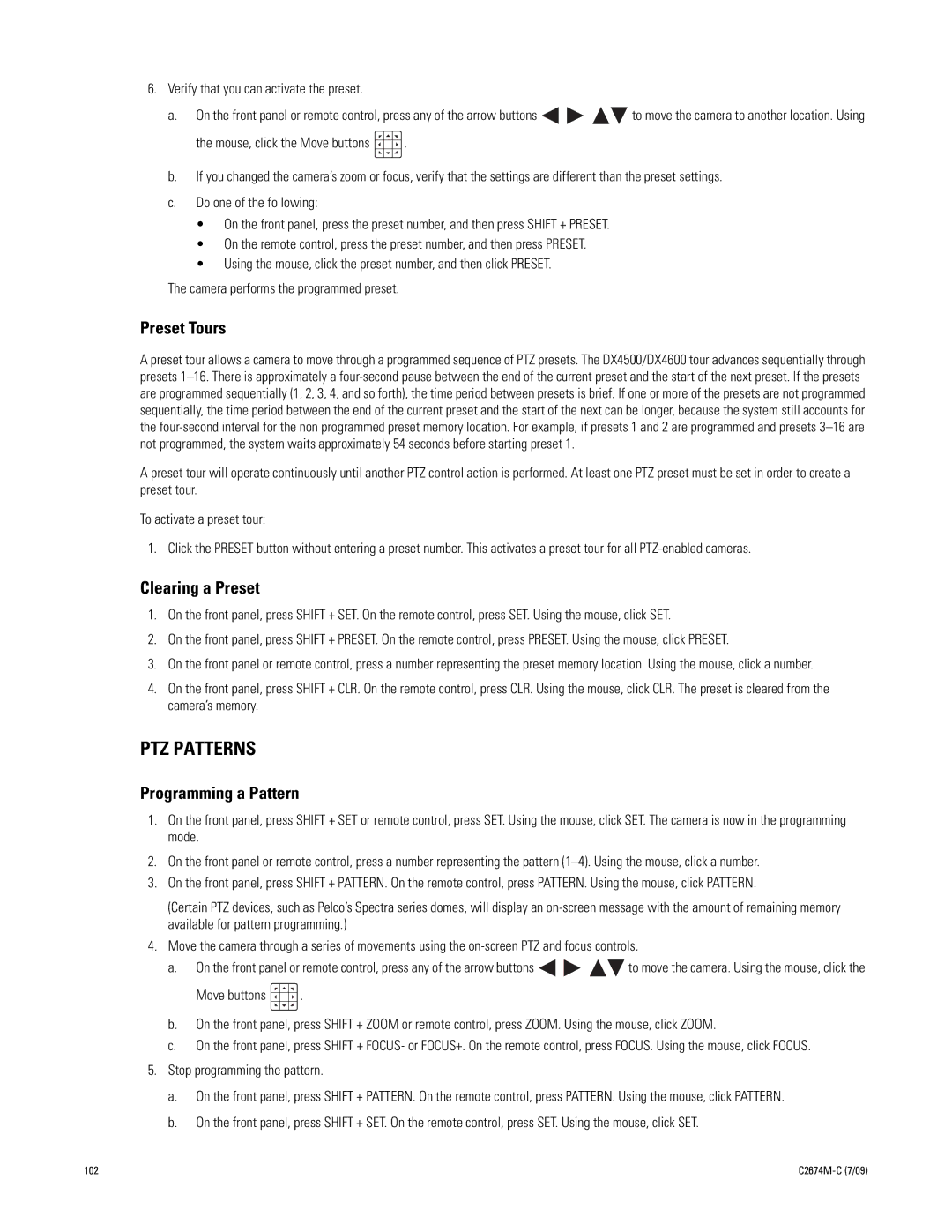 Pelco DX4600 manual PTZ Patterns, Verify that you can activate the preset, Stop programming the pattern 