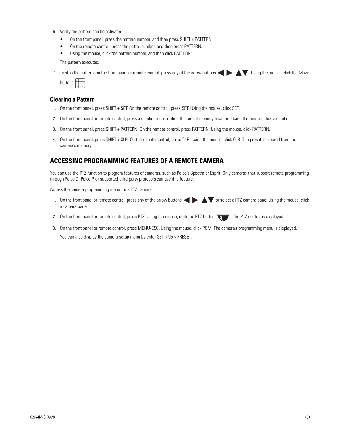 Pelco DX4600 manual Accessing Programming Features of a Remote Camera, Clearing a Pattern 