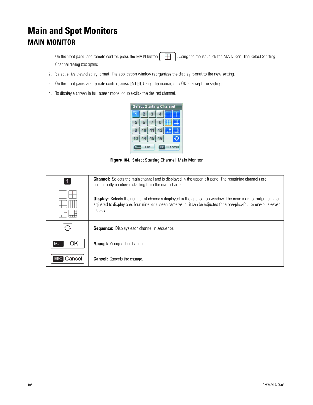 Pelco DX4600 manual Main and Spot Monitors, Main Monitor, Sequentially numbered starting from the main channel 